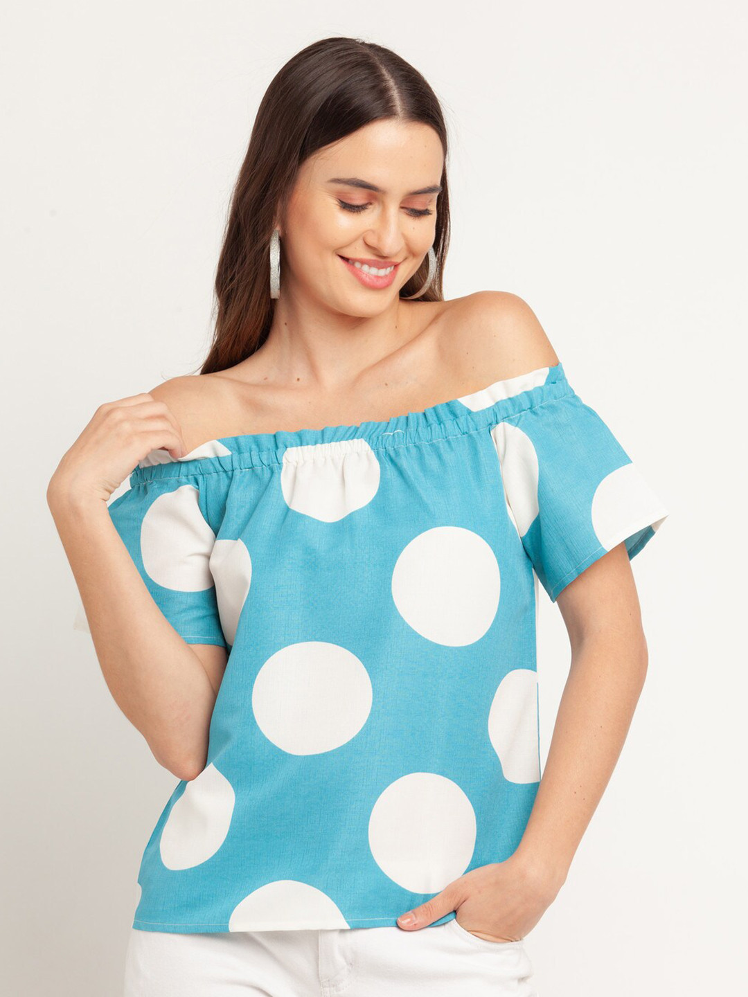 Zink London Blue Print Off-Shoulder Bardot Top