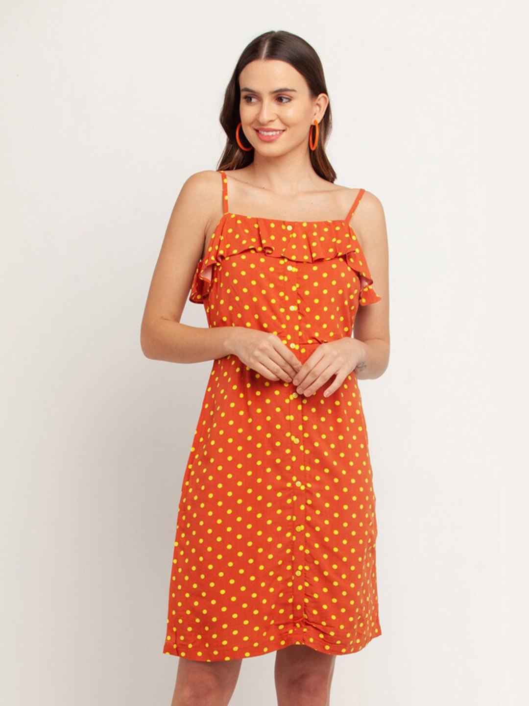 Zink London Women Orange & Yellow Printed Shoulder Straps A-Line Dress