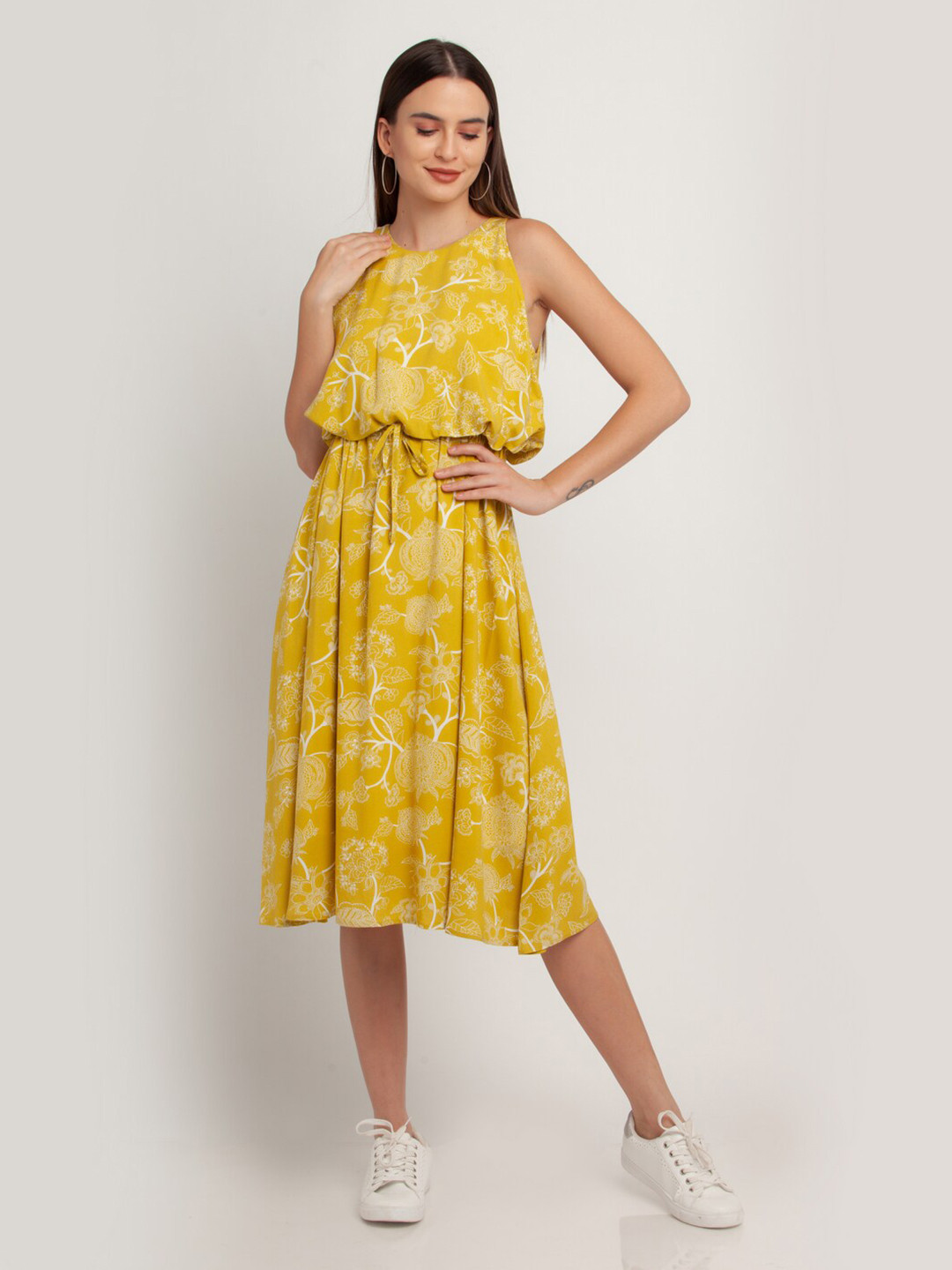 Zink London Women Mustard Yellow Floral Printed Balloon Midi Dress