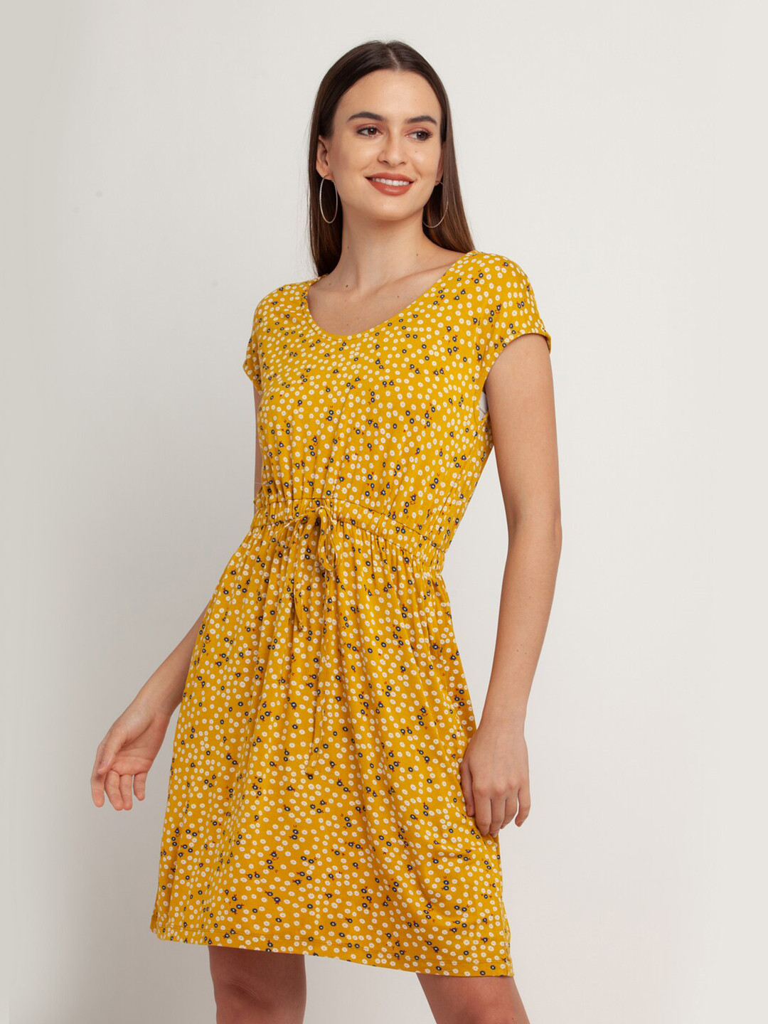 Zink London Yellow & White Floral Fit & Flare Dress With Pockets