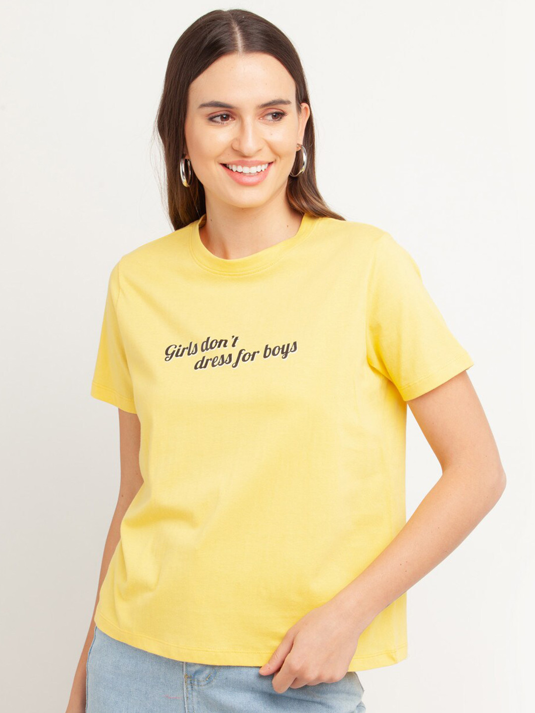 Zink London Women Yellow Printed Cotton T-shirt