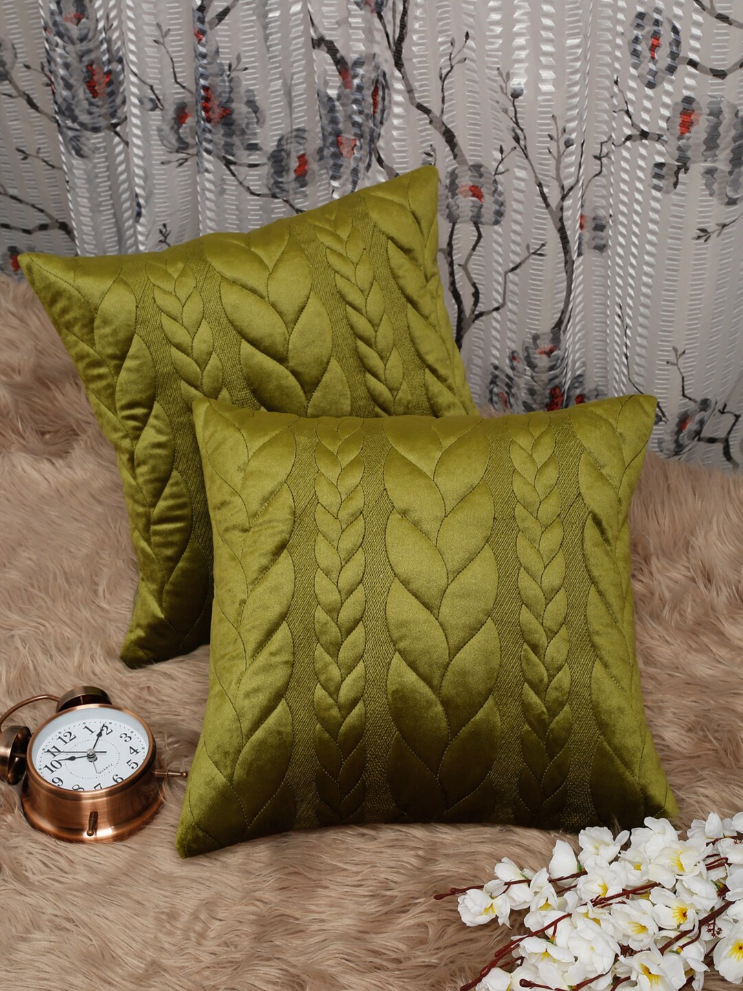 HOSTA HOMES Green Set of 2 Geometric Velvet Square Cushion Covers