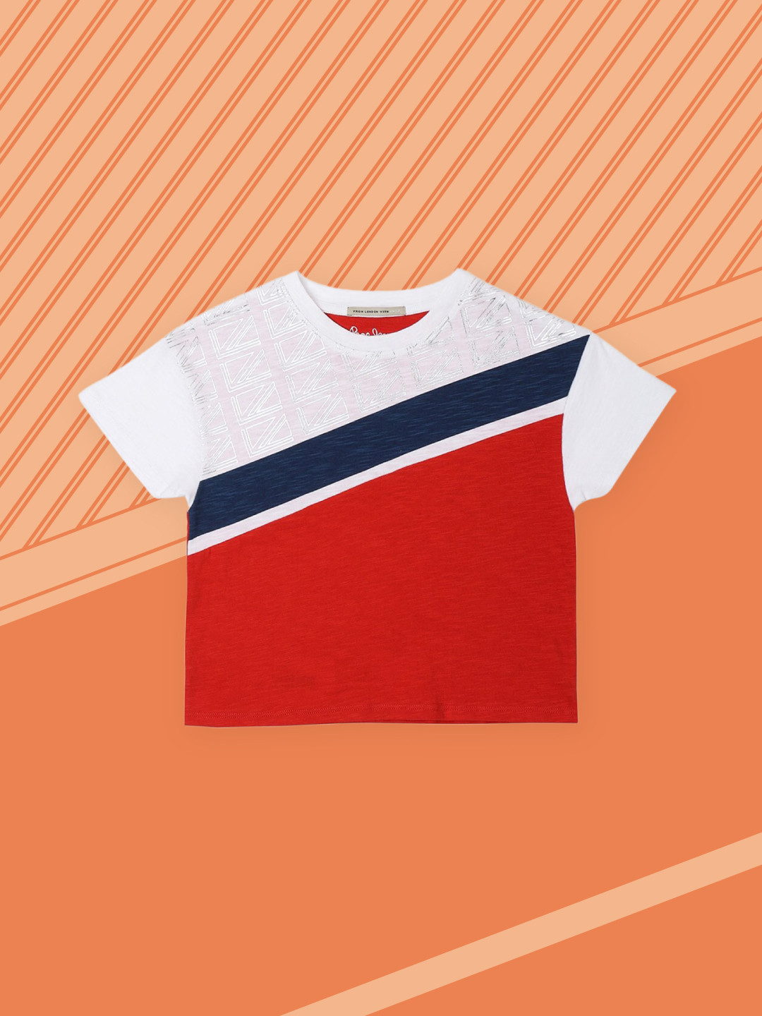 Pepe Jeans Girls White & Red Colourblocked Cotton Relaxed Fit T-shirt