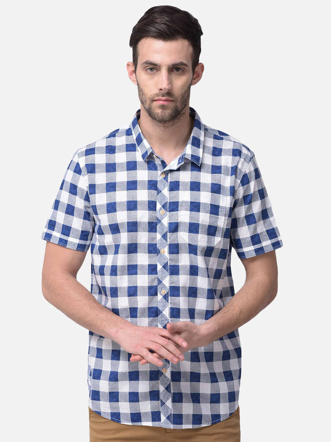 Woodland Men Blue & White Gingham Checks Checked Pure Cotton Casual Shirt