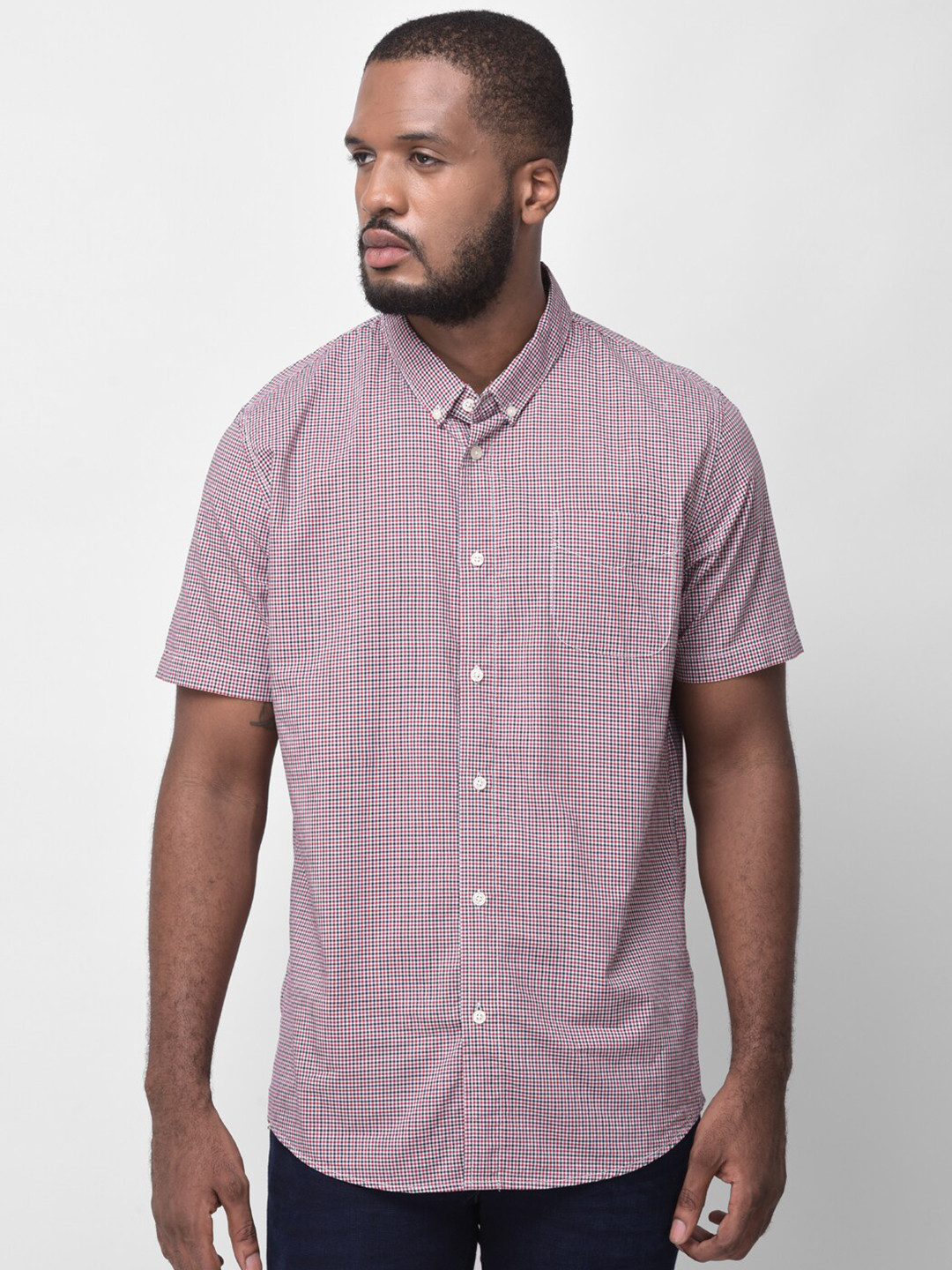 Woodland Men Red & Black Slim Fit Micro Checked Cotton Casual Shirt