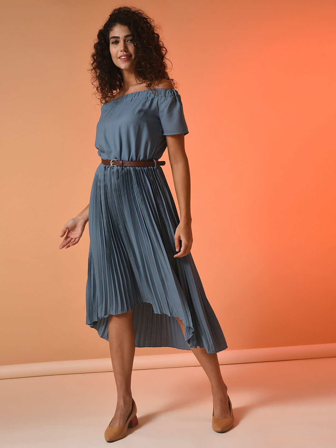 Campus Sutra Teal Off-Shoulder Accordion Pleats A-Line Midi Dress