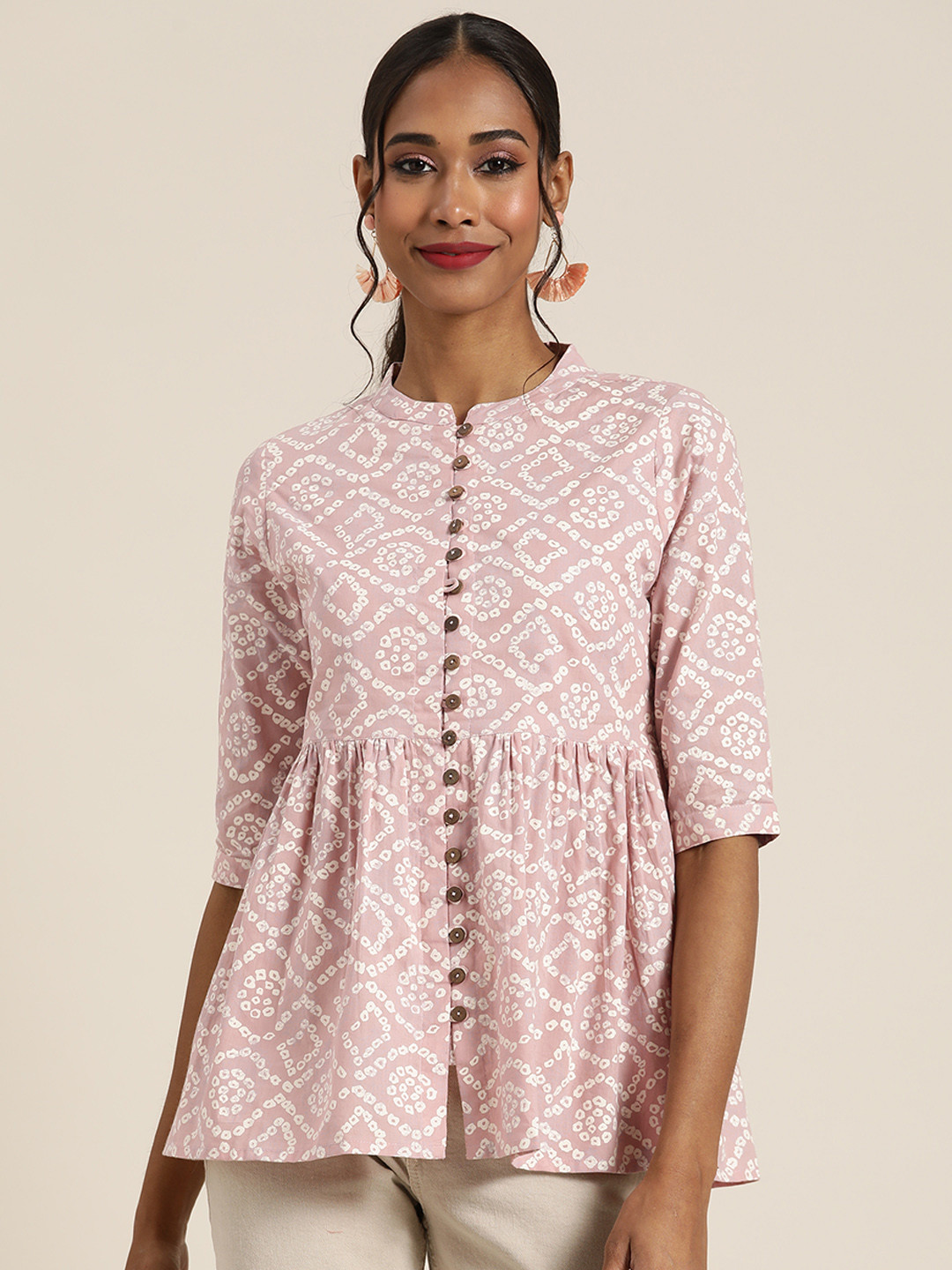 Shae by SASSAFRAS Mauve & White Print Cotton Peplum Top