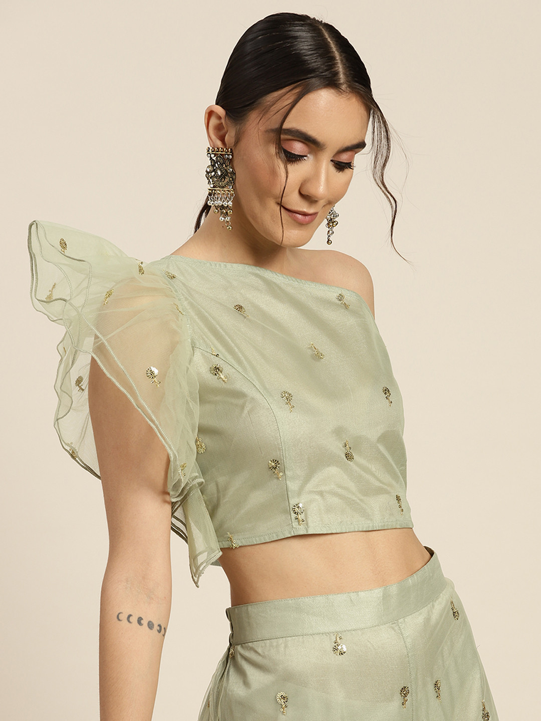Shae by SASSAFRAS Olive Green & Gold-Toned Embellished One Shoulder Crop Top