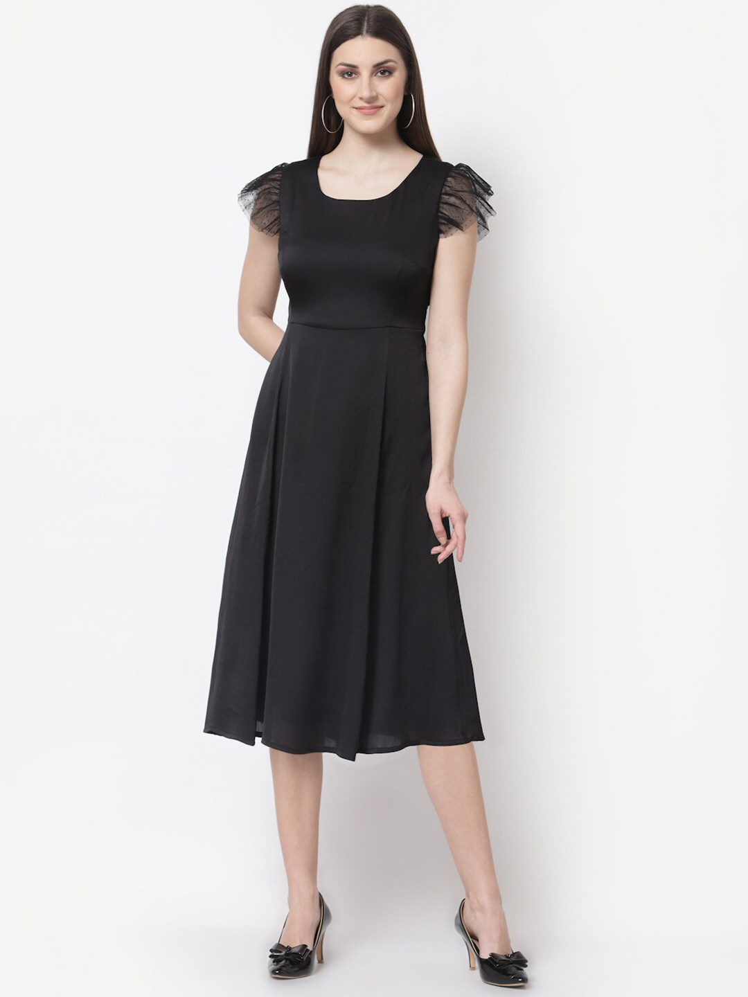 BLANC9 Black Satin Midi Dress
