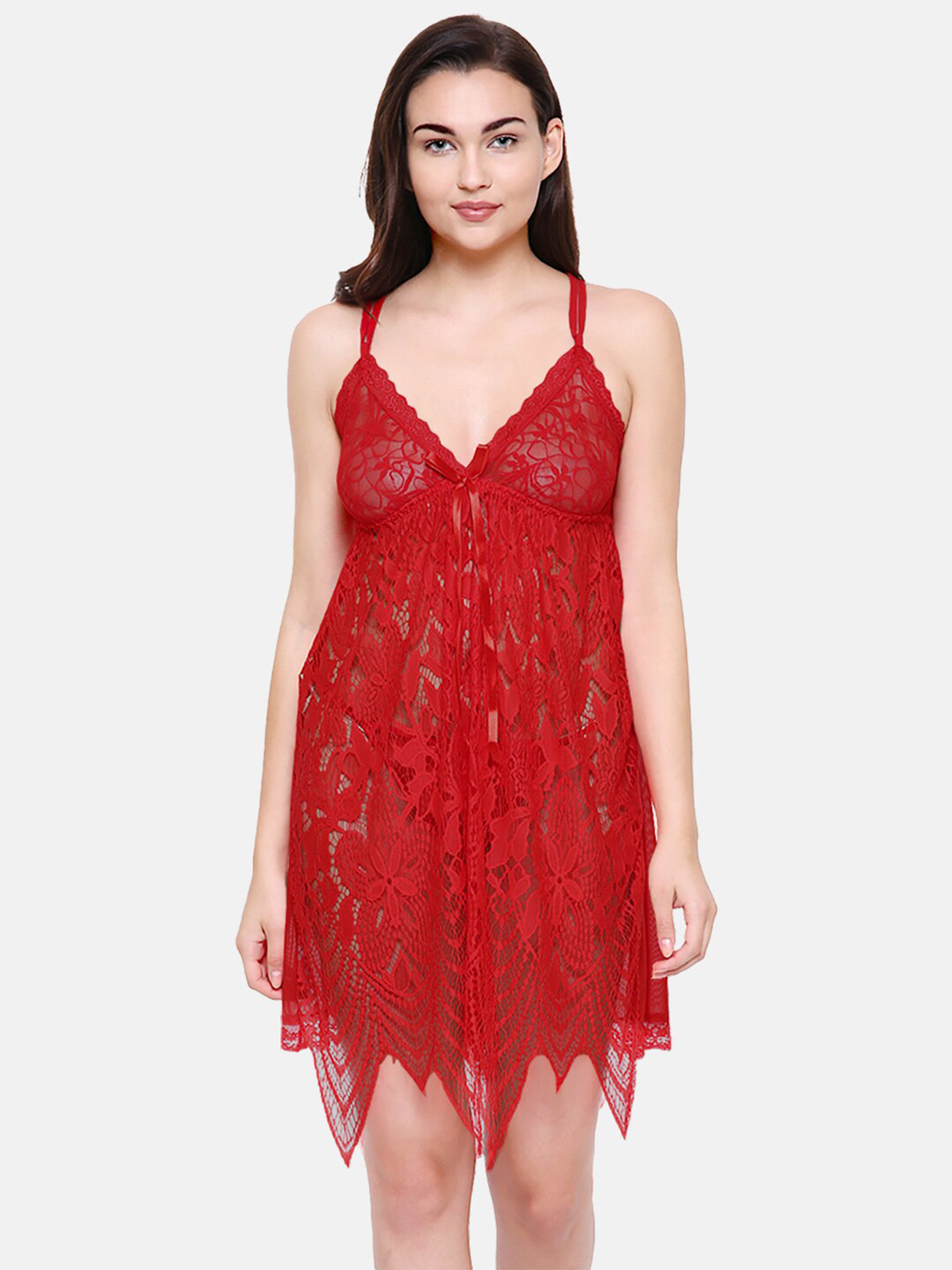 FashionRack Maroon Net Baby Doll with Asymmetric