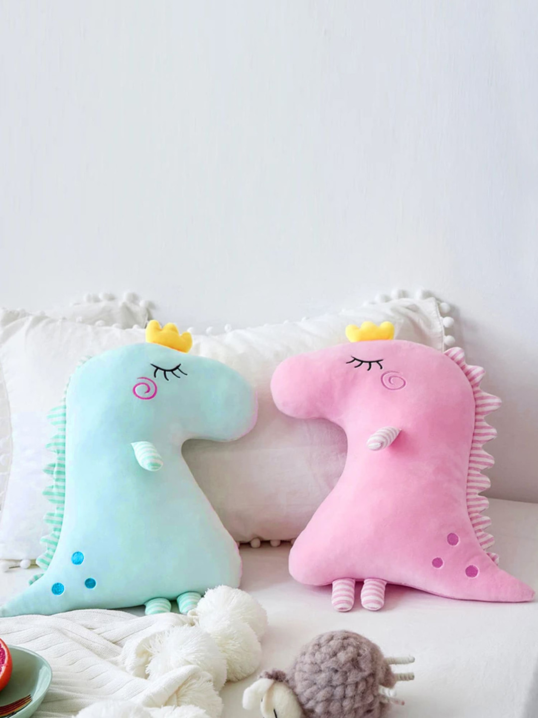 STYBUZZ Set of 2 Kids Blue & Pink Dinosaur Cushions
