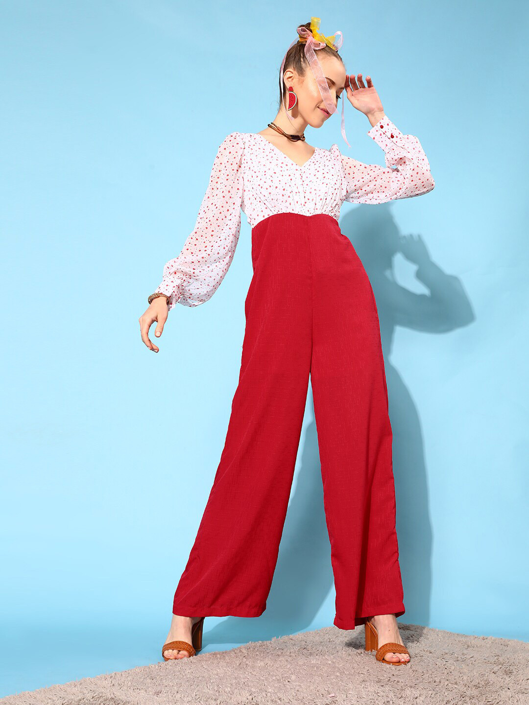 STREET 9 Women Red & White Self Design Printed Basic Jumpsuit