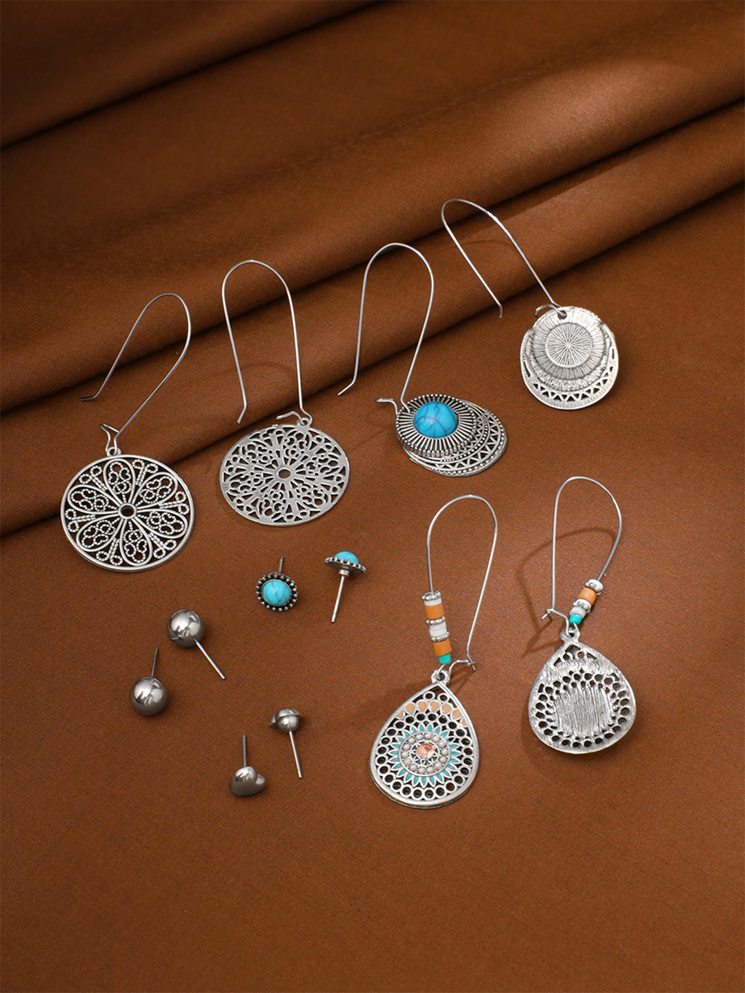 Yellow Chimes Set Of 6 Pairs Of Silver-Toned & Blue Earrings Set