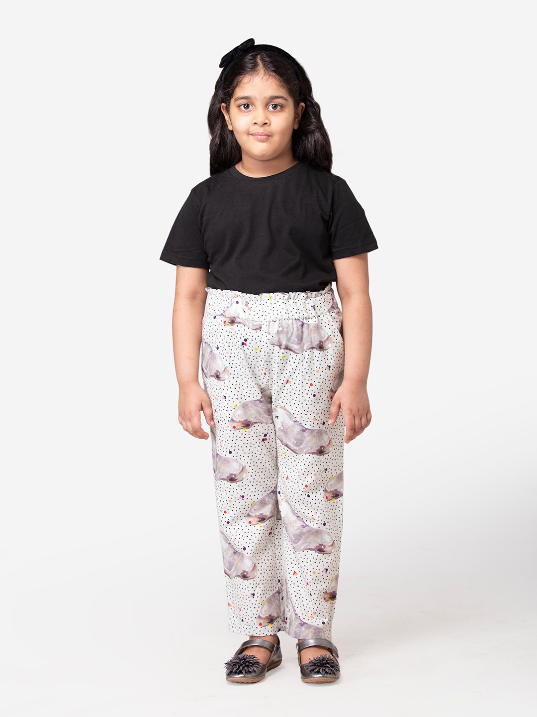 Hoop Hippo Girls Green & Grey Printed Smart Loose Fit High-Rise Cotton Linen Trousers
