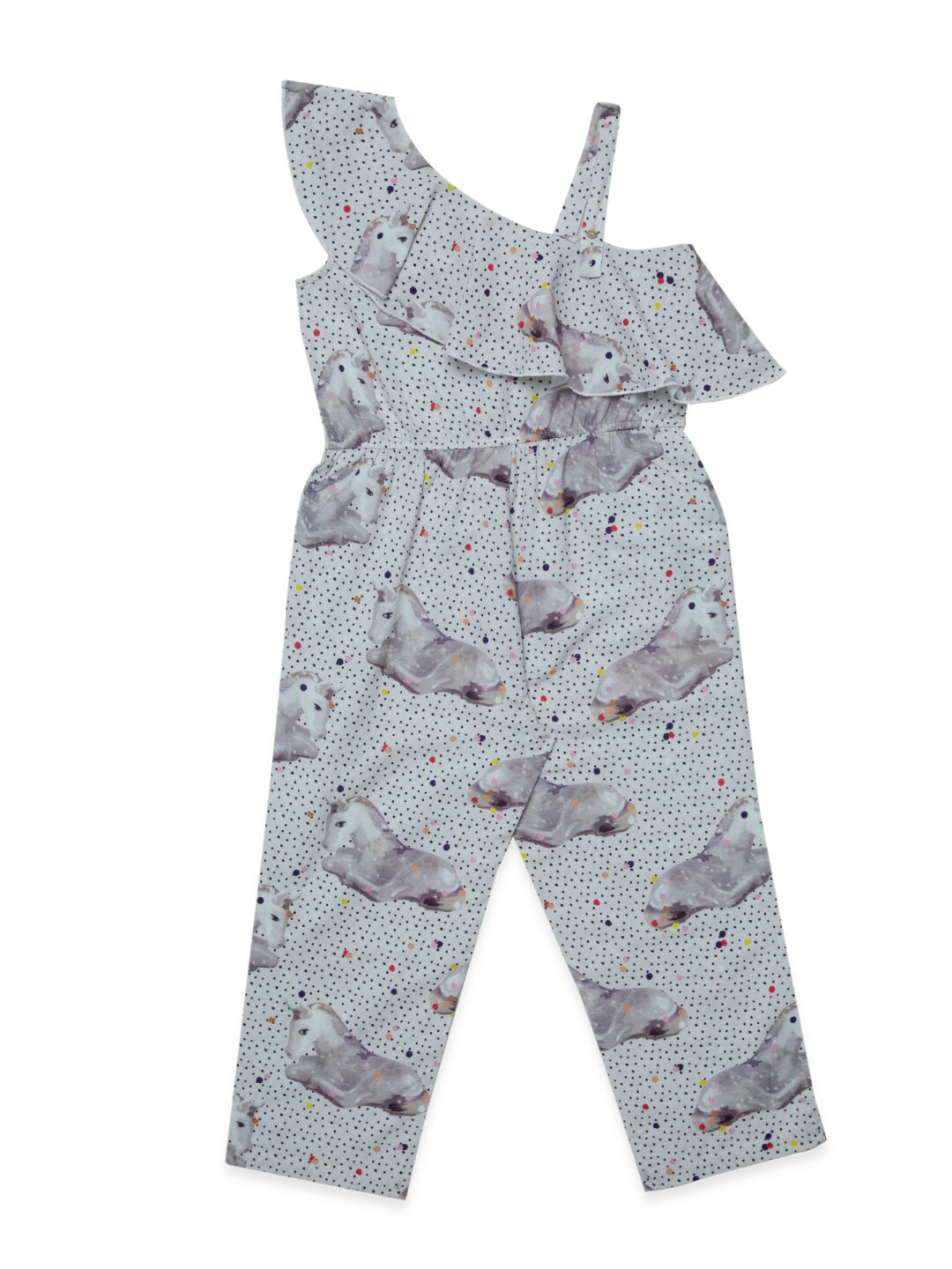 Hoop Hippo Girls White Linen Printed Basic Jumpsuit