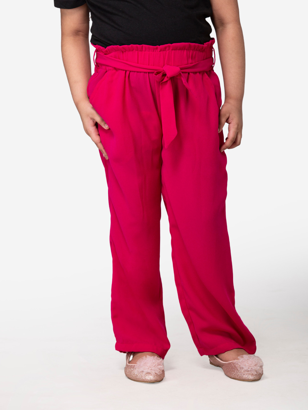 Hoop Hippo Girls Pink Smart Loose Fit High-Rise Pleated Trousers