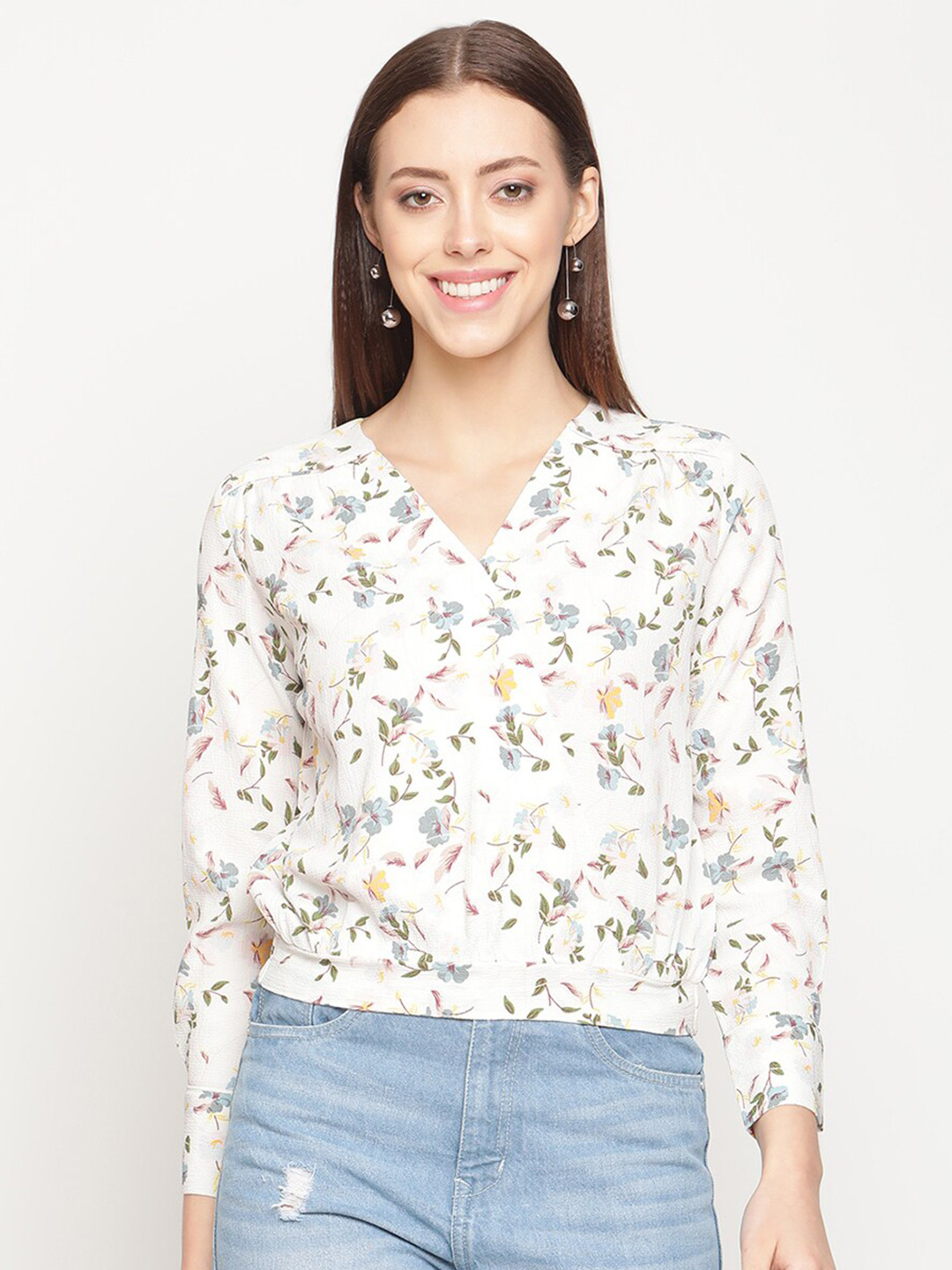 METTLE White & Blue Floral Print Wrap Top