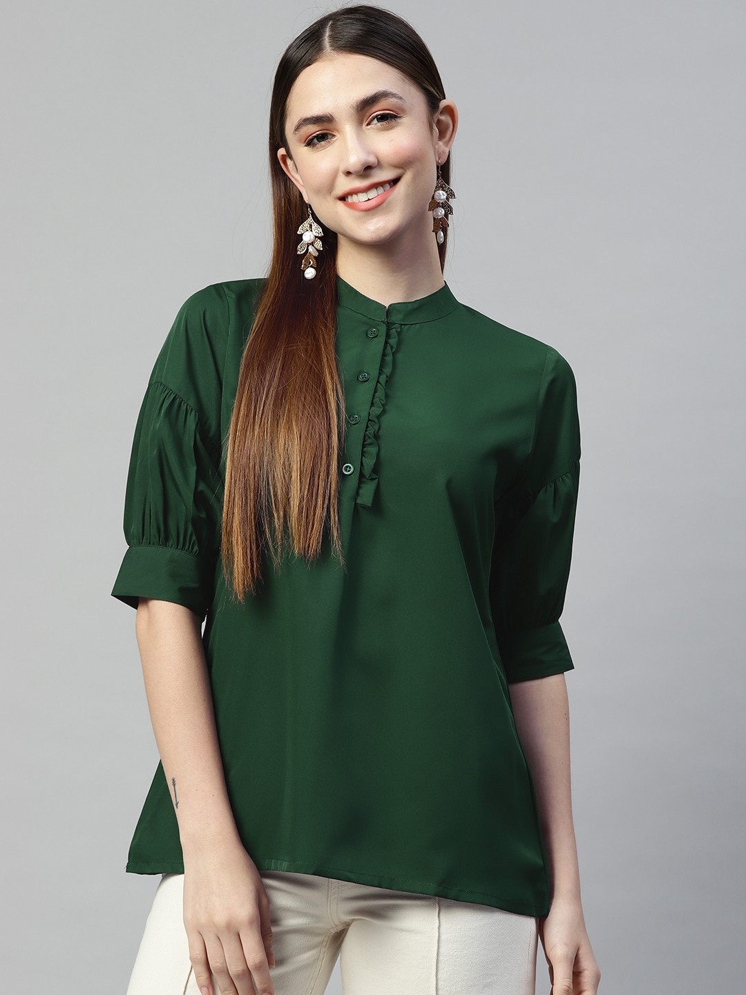 Ives Green Mandarin Collar Crepe Top