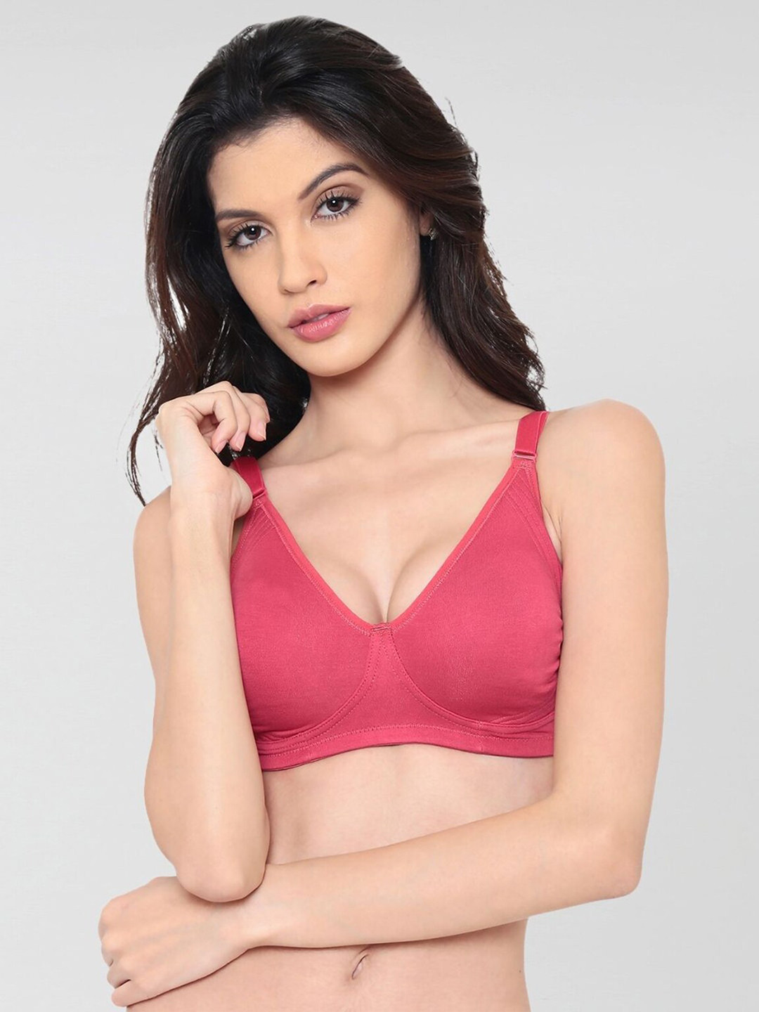 laavian Coral Red Solid Non-Padded Full Coverage Cotton Yoga T-shirt Bra