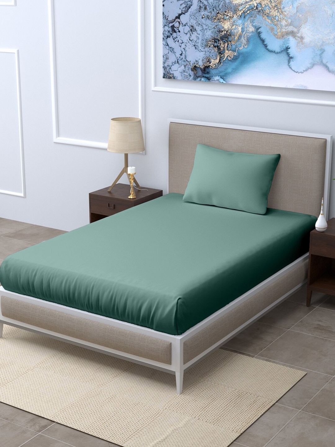 LINENWALAS Happy Sleeping Sea Green 300 TC Single Bedsheet with 1 Pillow Covers