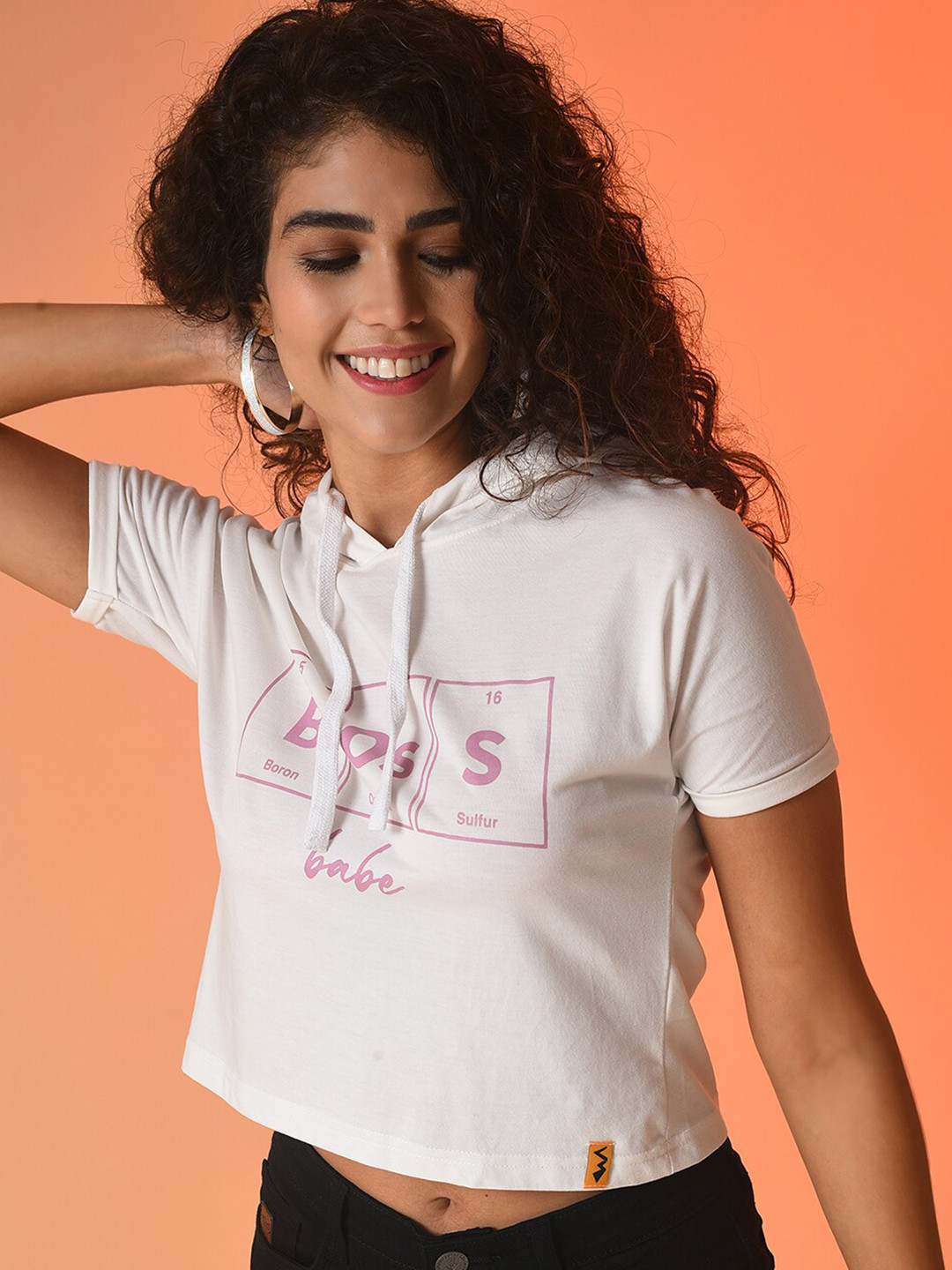 Campus Sutra Women White Printed Hooded Crop Top
