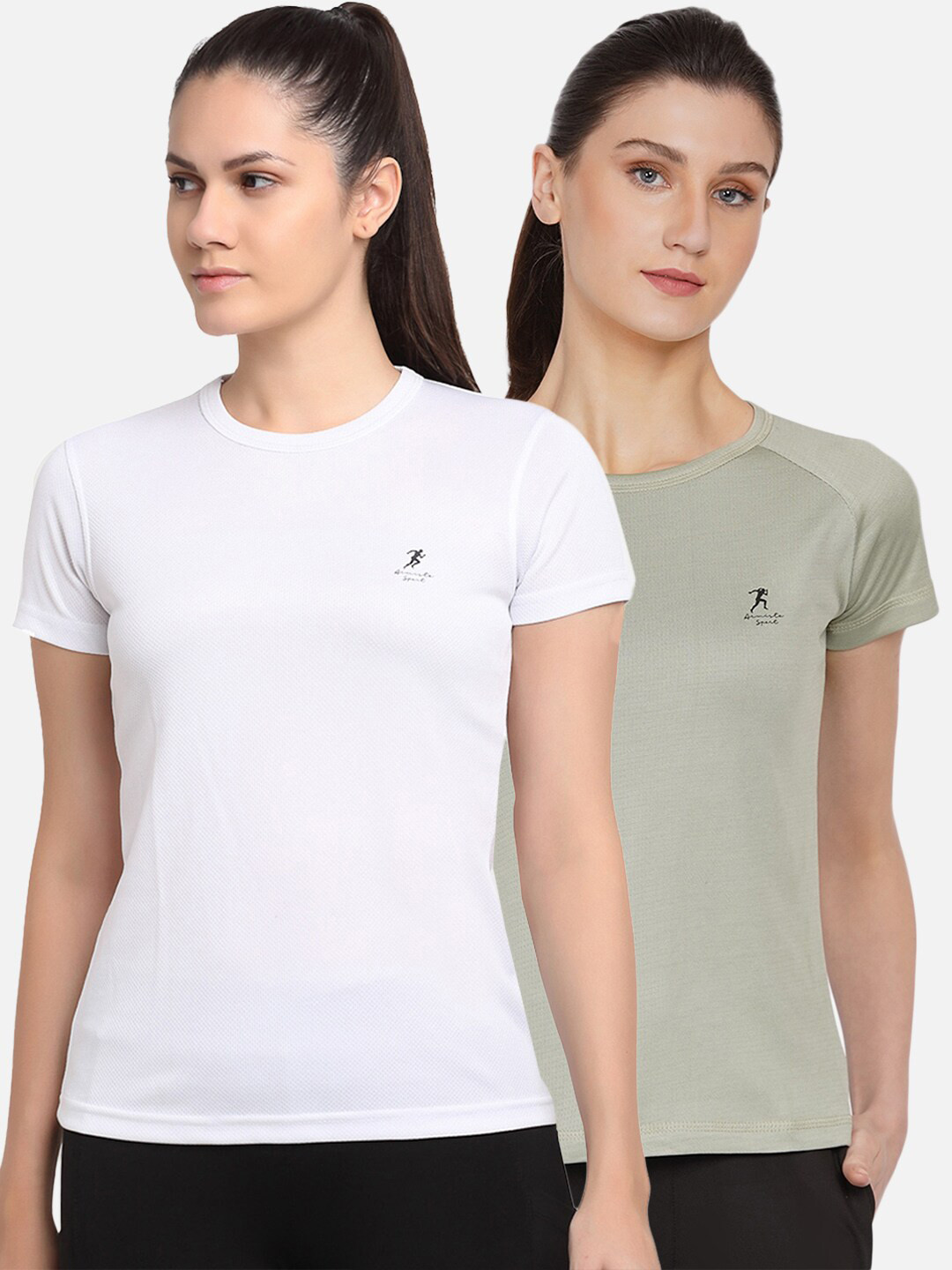 ARMISTO Women Pack of 2 White & Sage Green Dri-FIT Slim Fit Training or Gym T-shirts