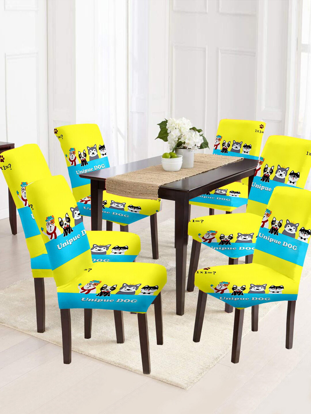 Cortina Set Of 6 Yellow & Blue Graphic Printed Chair Covers