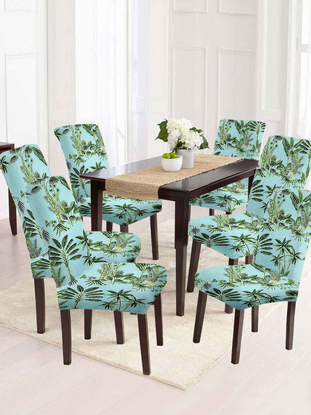 Cortina  Set Of 6 Blue & Green Printed Chair Covers