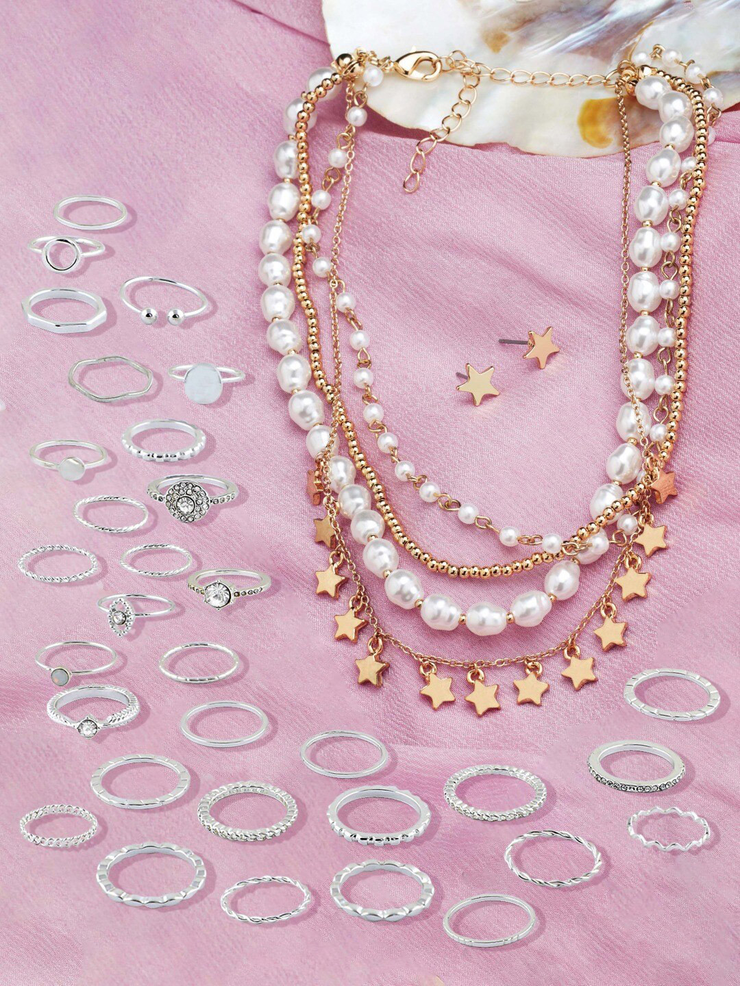 Ami Gold Plated & Silver Toned Contemporary Layered Necklace Chains & Ring Set