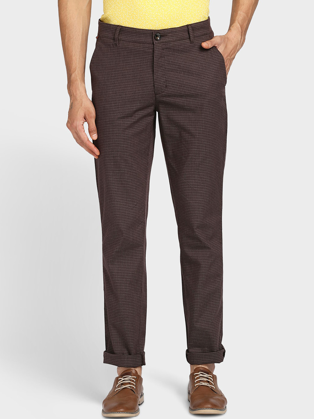 ColorPlus Men Dark Brown Checked Trousers
