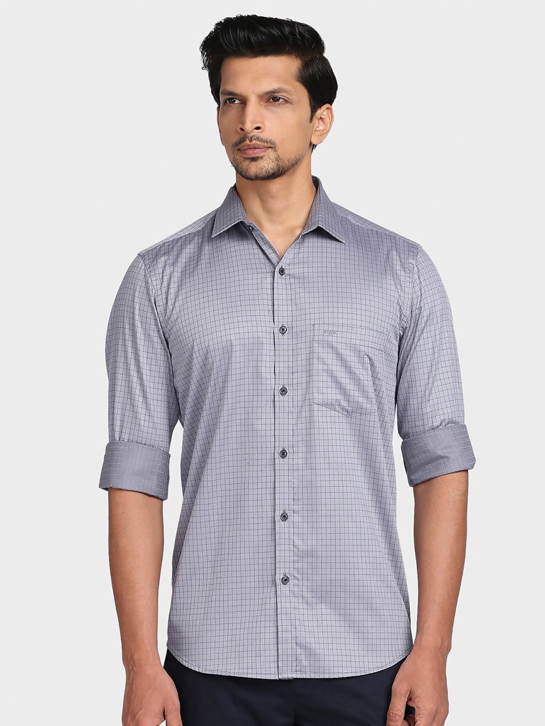 ColorPlus Men Grey Tailored Fit Grid Tattersall Checked Cotton Casual Shirt
