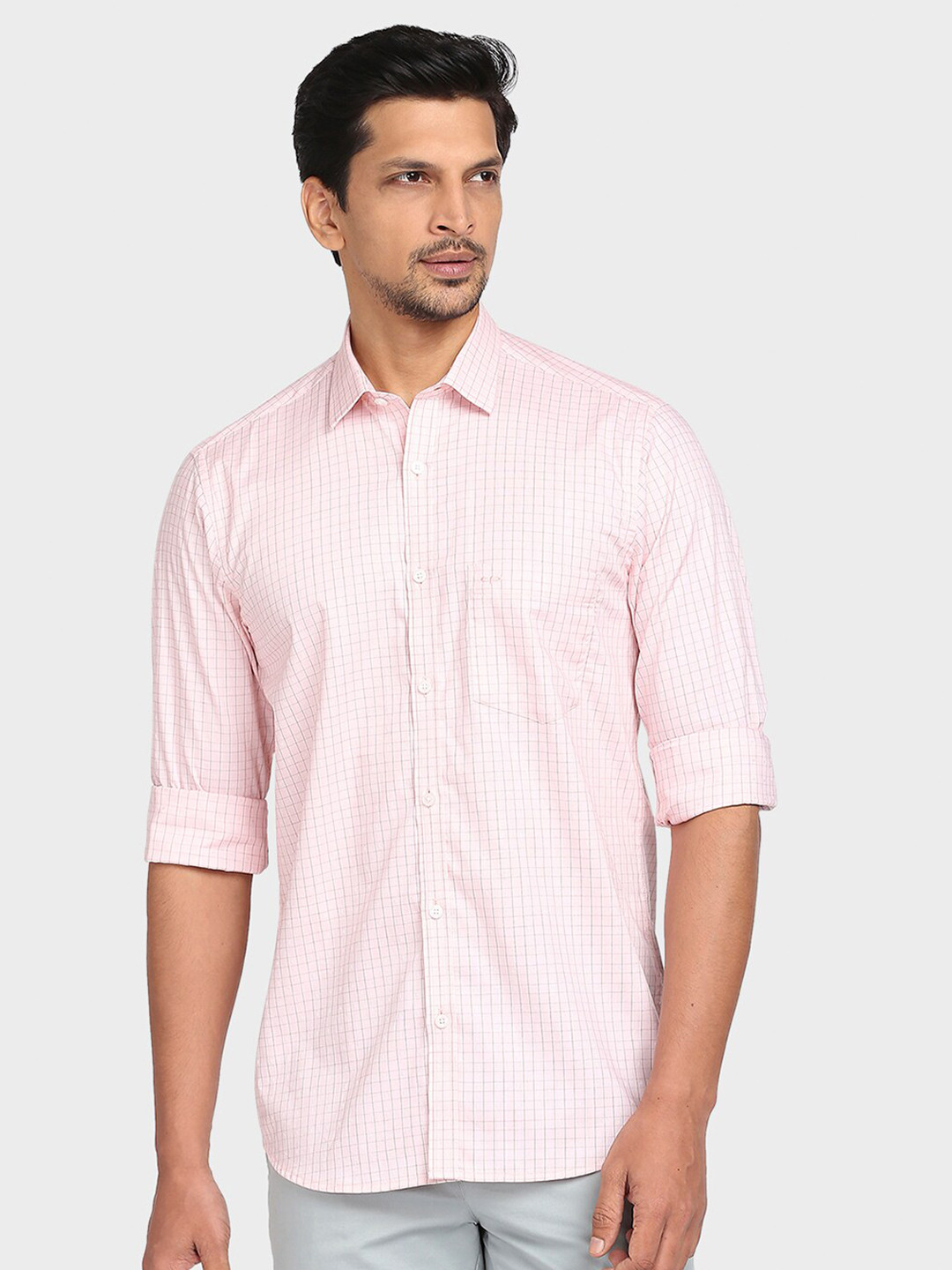 ColorPlus Men Peach-Coloured Tailored Fit Grid Tattersall Checks Checked Casual Shirt