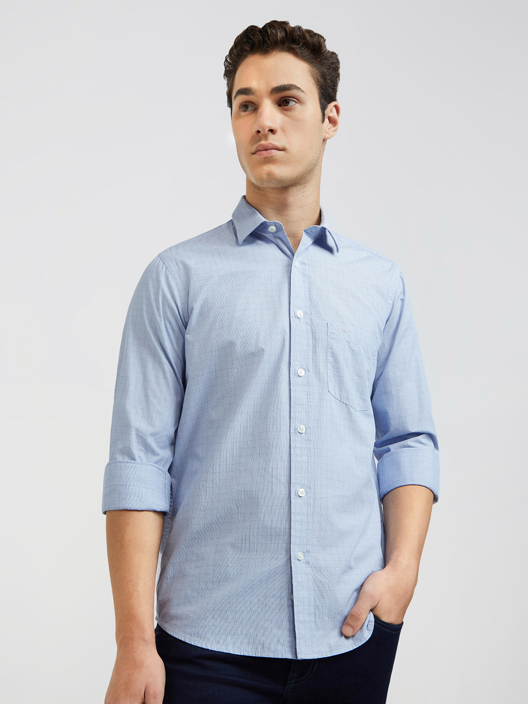 ColorPlus Men Blue Tailored Fit Grid Tattersall Checks Checked Casual Shirt