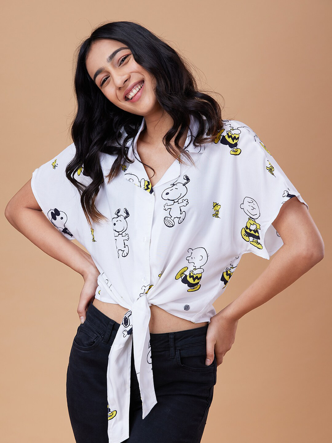 The Souled Store Women White Comfort Printed Tie Up Waist Casual Crop Shirt