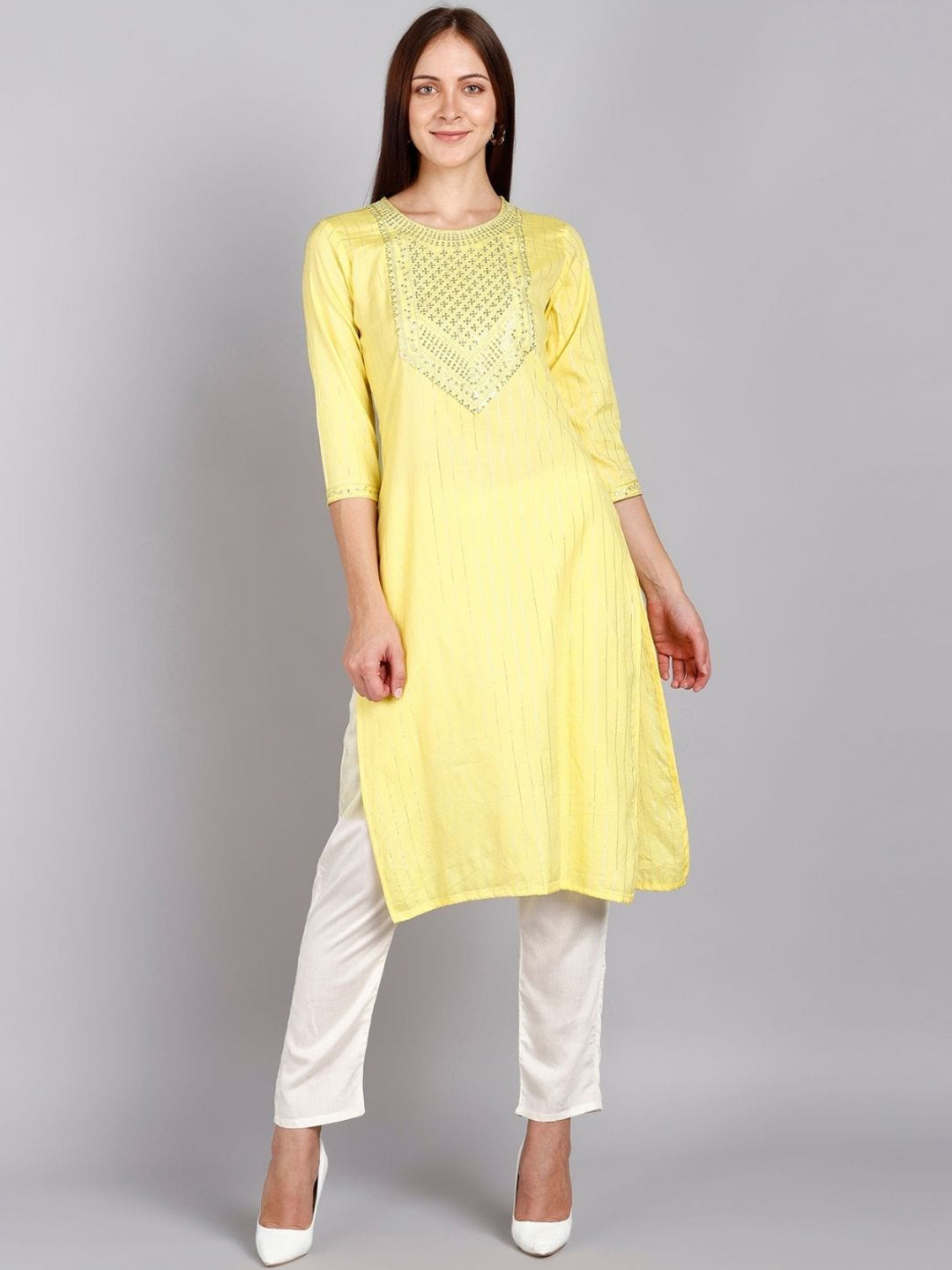 VEDANA Women Yellow Sequins Embellished Kurta