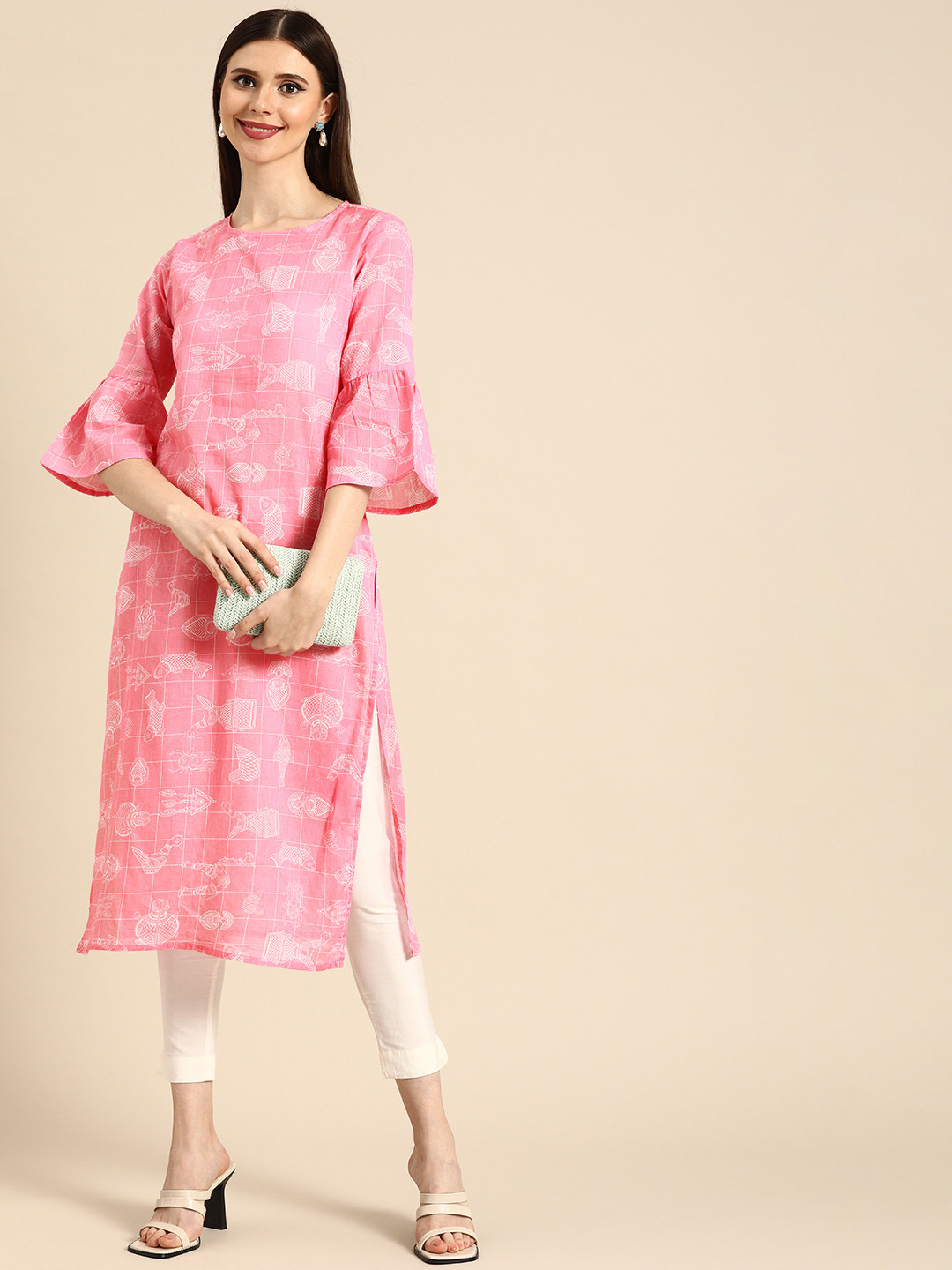 Anouk Women Pink & White Printed Bell Sleeves Pure Cotton Kurta