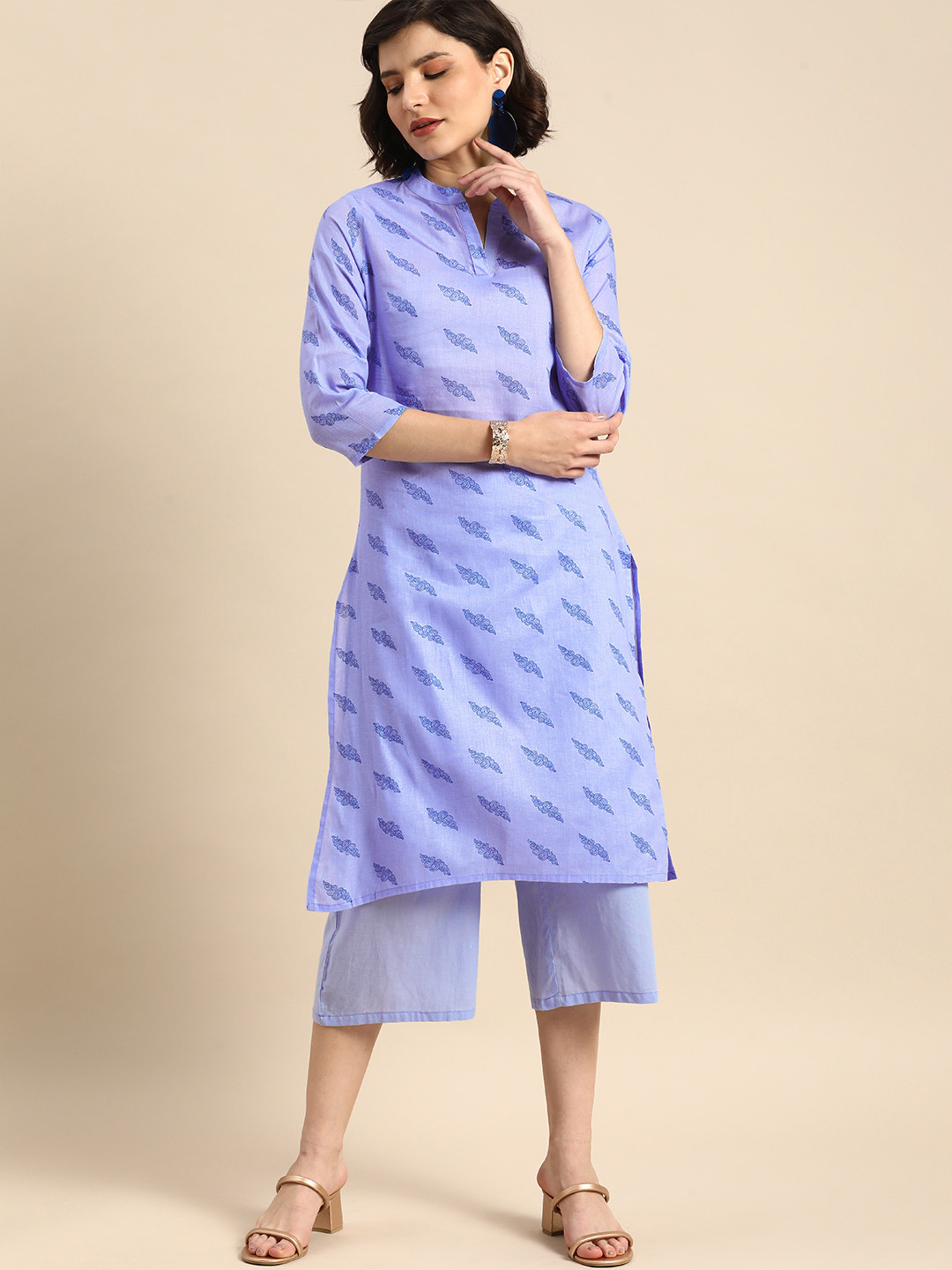 Anouk Women Purple Printed Pure Cotton Kurta Set