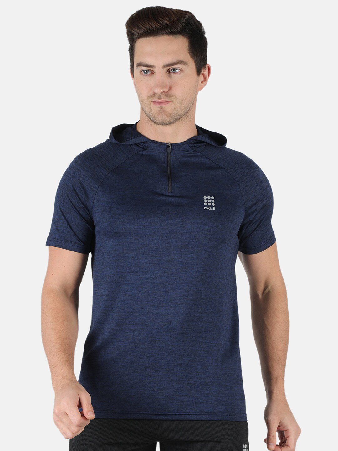rock it Men Navy Blue Henley Neck Applique Slim Fit T-shirt