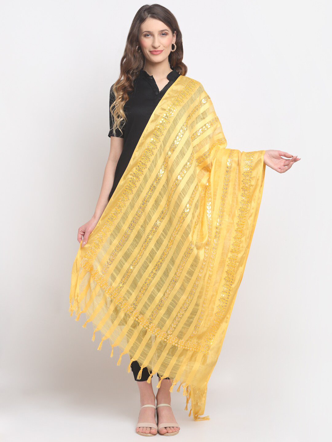 SOUNDARYA Yellow Embroidered Dupatta with Gotta Patti
