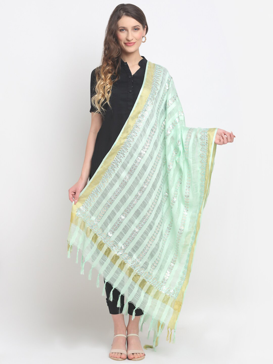 SOUNDARYA Women Olive Green & Silver-Toned Striped Gotta Patti Work Dupatta