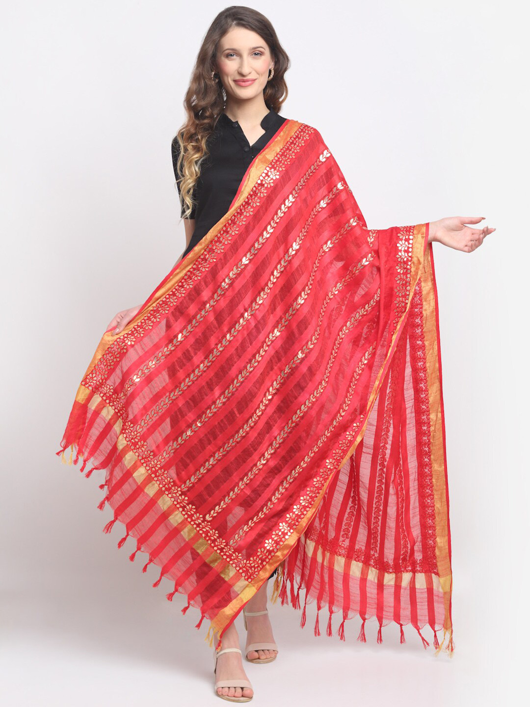 SOUNDARYA Red & Gold-Toned Embroidered Dupatta with Gotta Patti