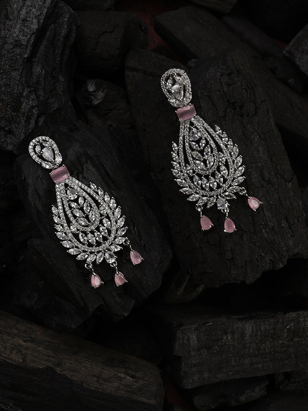 SOHI Pink & Silver-Plated Teardrop Shaped Chandbalis Earrings