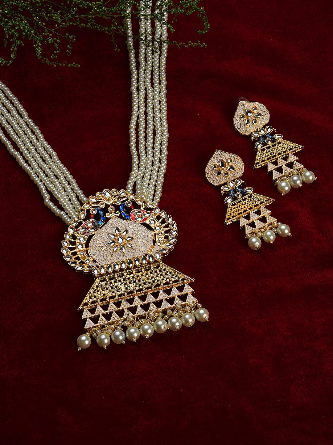 SOHI Gold-Plated White & Pink Beads-Studded Meenakari Jewellery Set