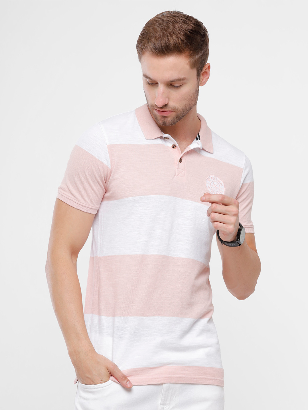 WROGN Men Pink & White Striped Polo Collar Slim Fit Pure Cotton T-shirt