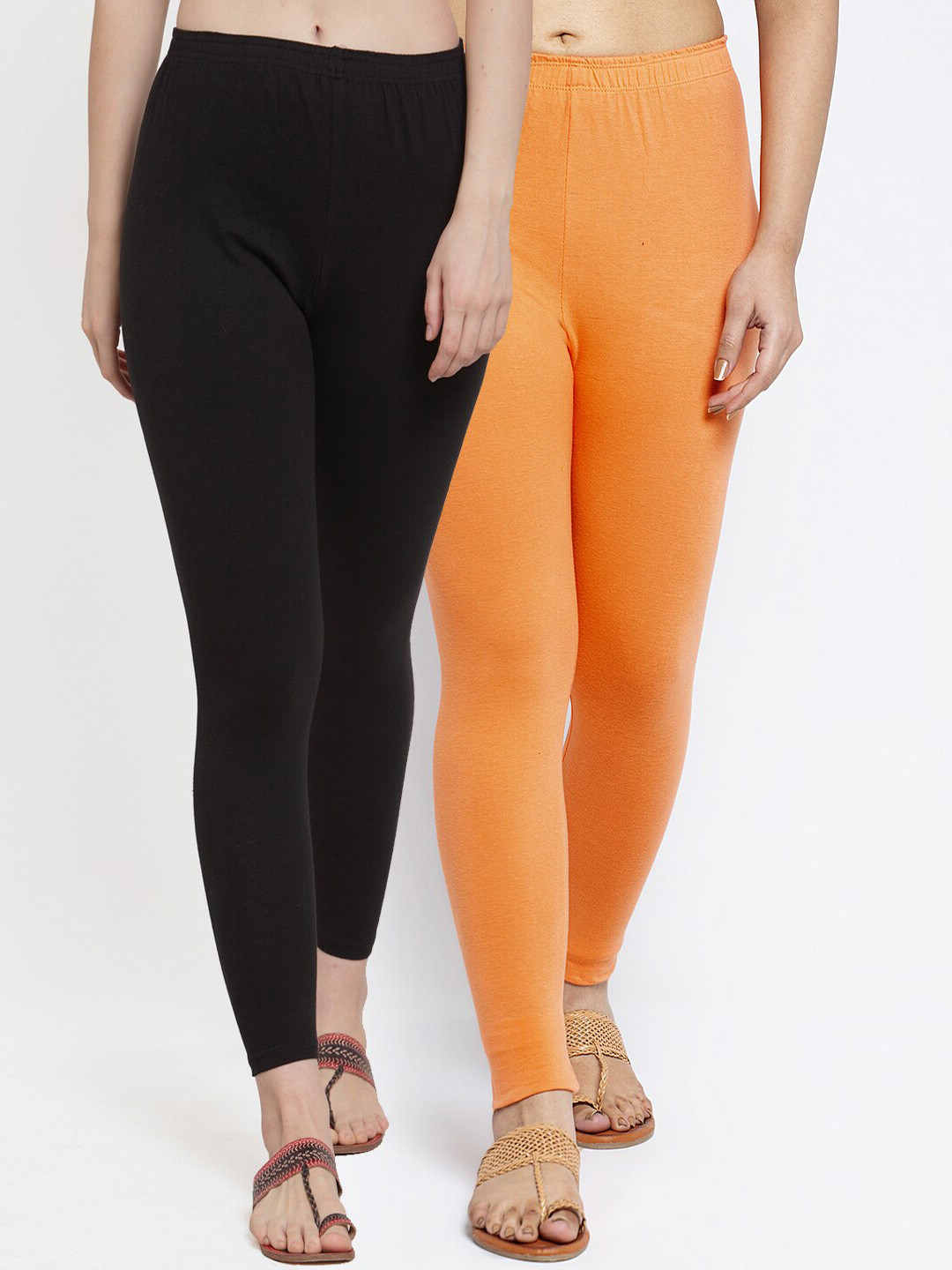 Jinfo Women Black & Orange Solid Ankle-Length Leggings Pack Of 2