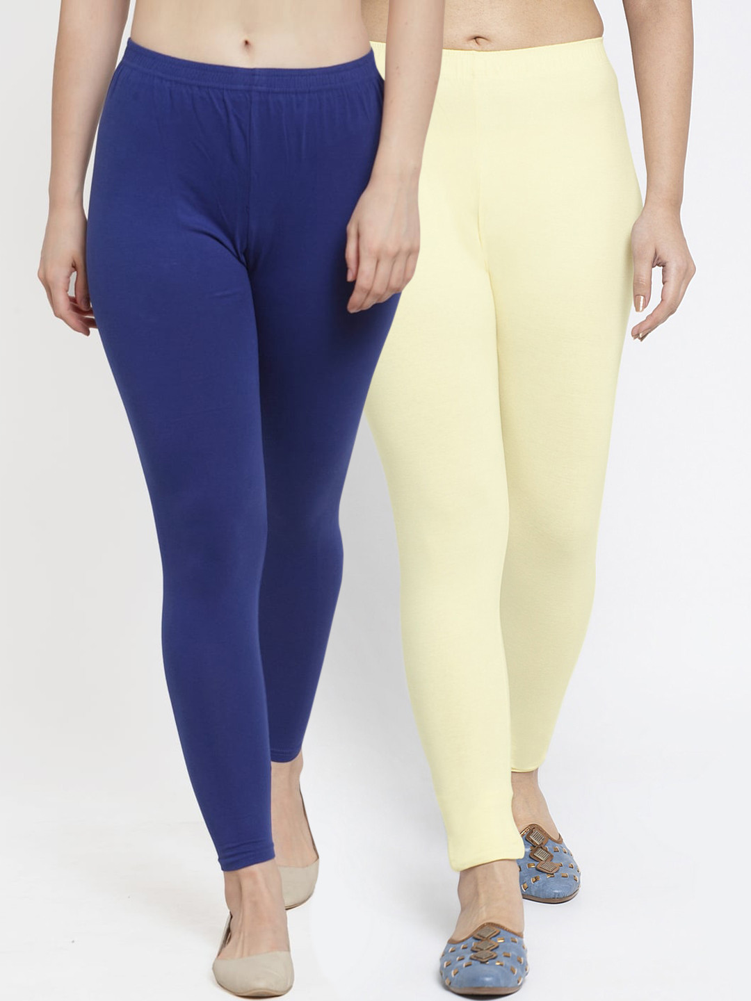 Jinfo Women Blue & Cream Solid Ankle-Length Leggings Pack Of 2