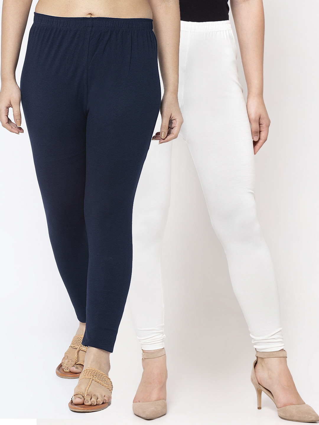 Jinfo Women White & Navy Blue Set of 2 Solid Ankle-Length Cotton Leggings