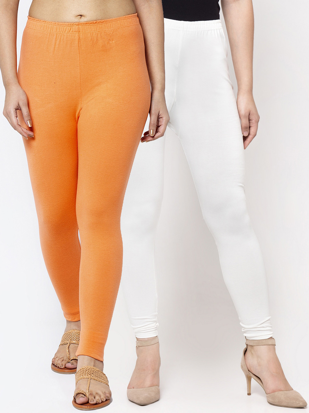 Jinfo Women Pack Of 2 Orange & White Solid Cotton Ankle-Length Leggings