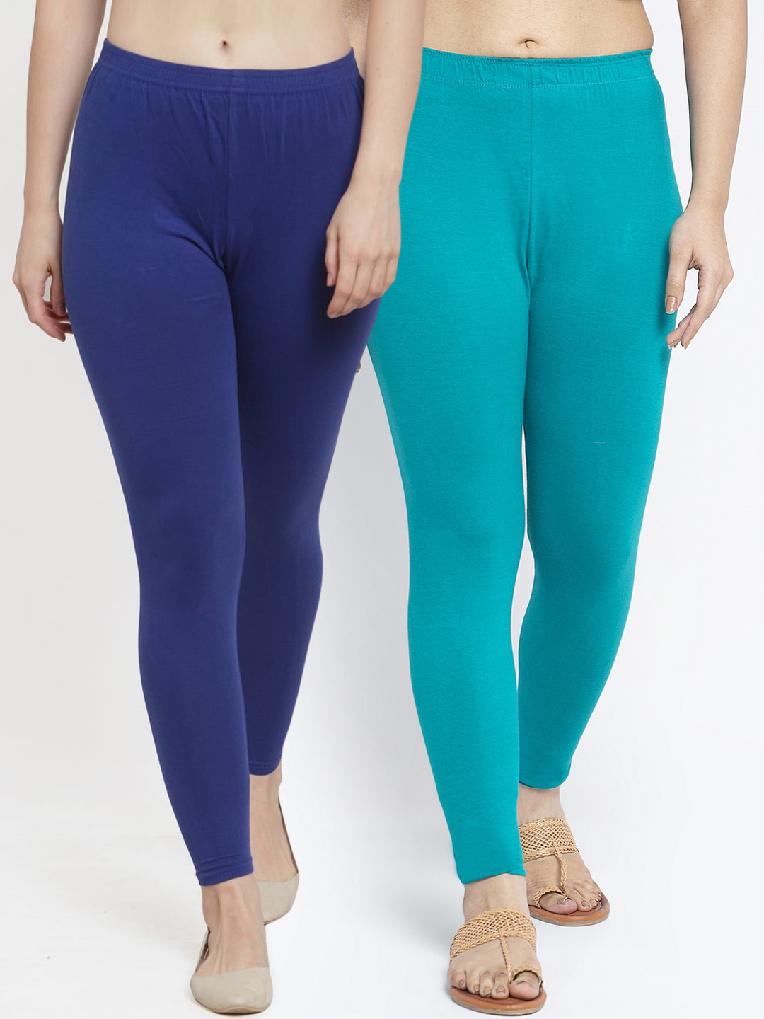 Jinfo Women Pack Of 2 Dark Blue & Turquoise Blue Solid Ankle-Length Leggings