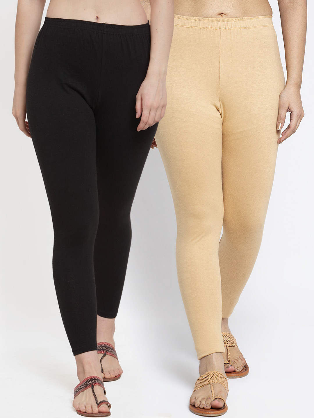 Jinfo Women Pack Of 2 Black & Cream Solid Cotton Ankle-Length Leggings